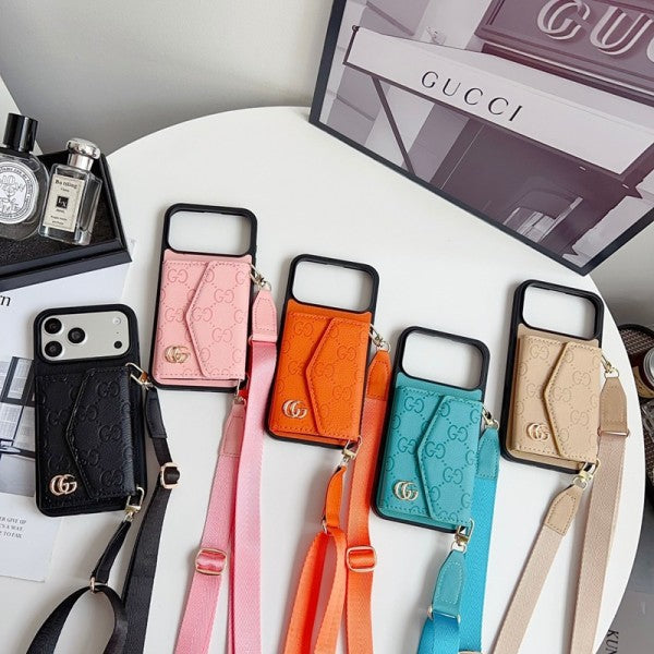 Luxury Plain Leather Crossbody Wallet Case For iPhone 12-17
