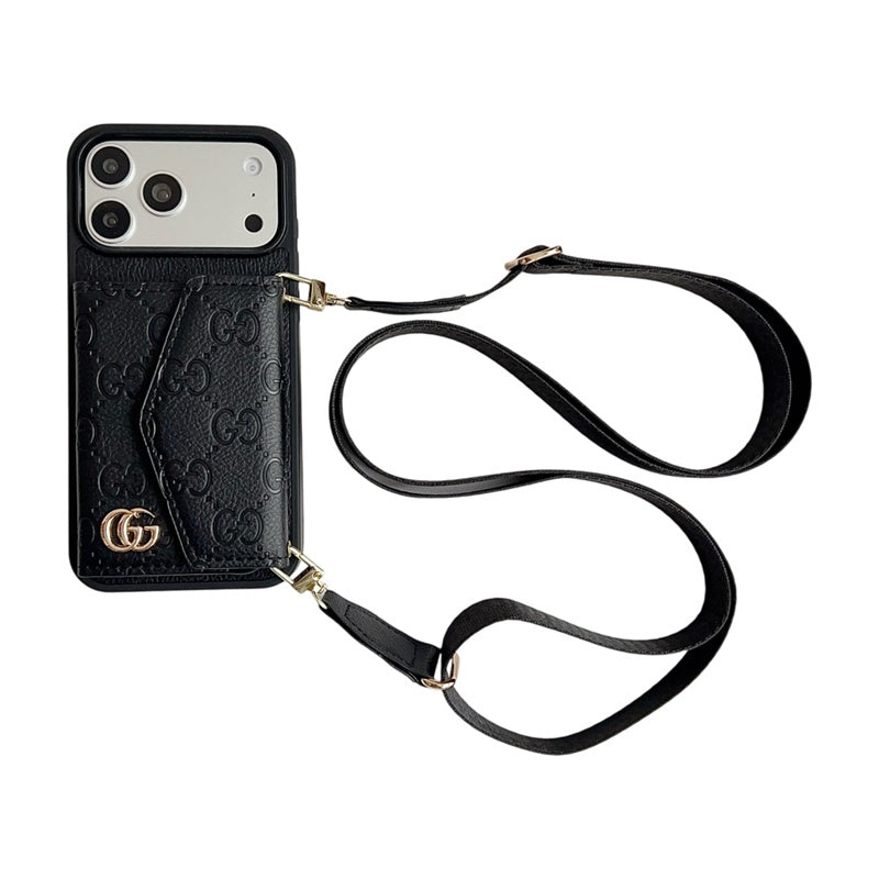 Luxury Plain Leather Crossbody Wallet Case For iPhone 12-17
