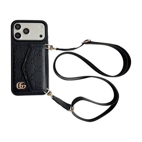 Luxury Plain Leather Crossbody Wallet Case For iPhone 12-17
