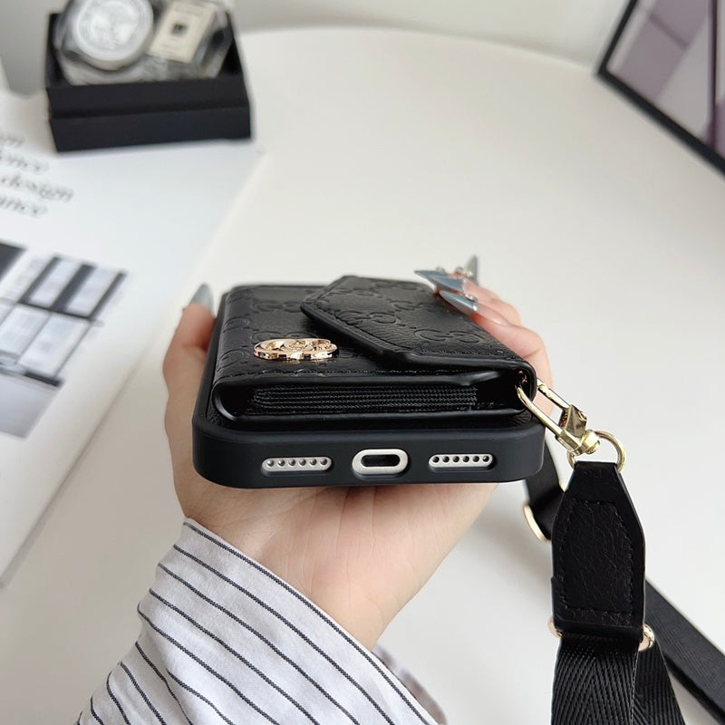Luxury Plain Leather Crossbody Wallet Case For iPhone 12-17