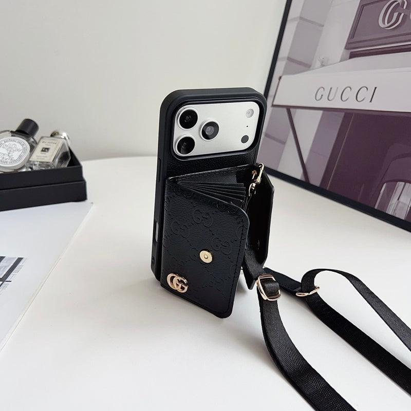 Luxury Plain Leather Crossbody Wallet Case For iPhone 12-17