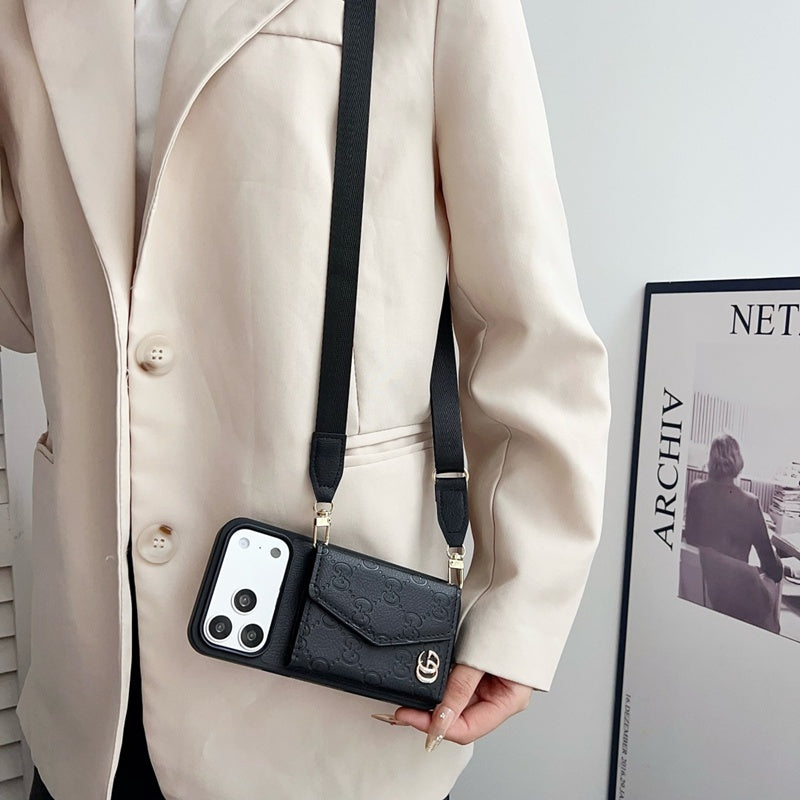 Luxury Plain Leather Crossbody Wallet Case For iPhone 12-17