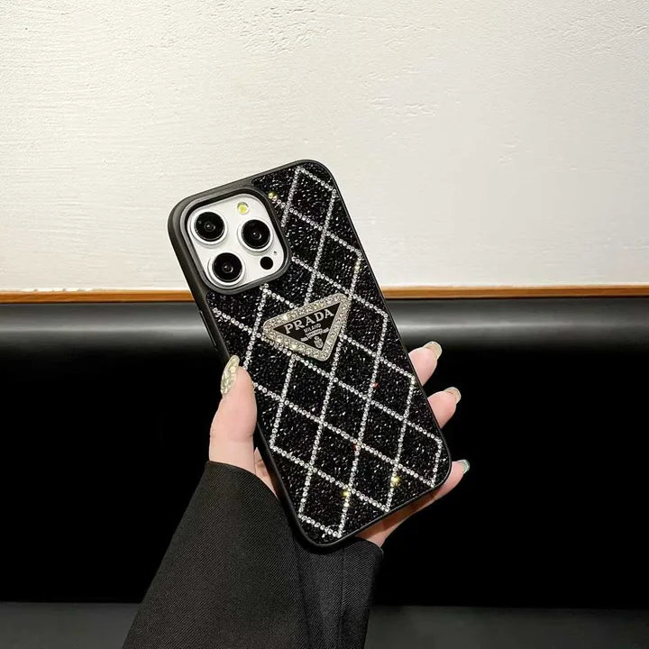 Prada Phone Case with Sparkling Rhinestones For iPhone 17/ 16 / 15 / 14