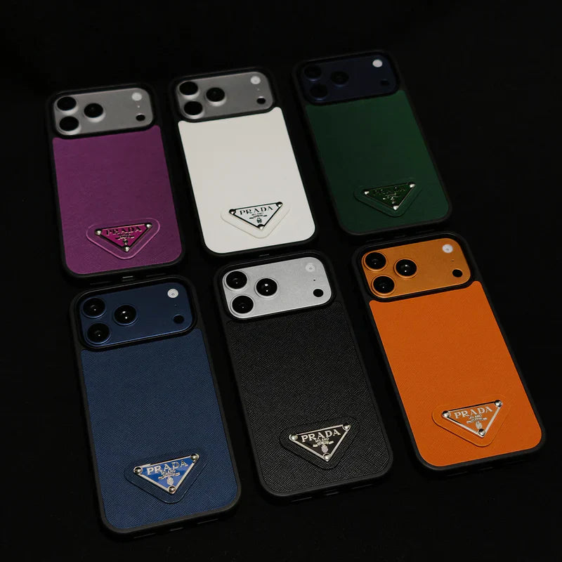 Premium Saffiano Leather Case with Metallic Badge for iPhone 12-17 Series