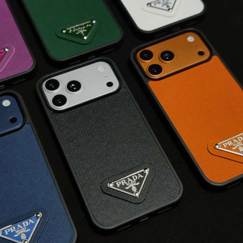 Premium Saffiano Leather Case with Metallic Badge for iPhone 12-17 Series
