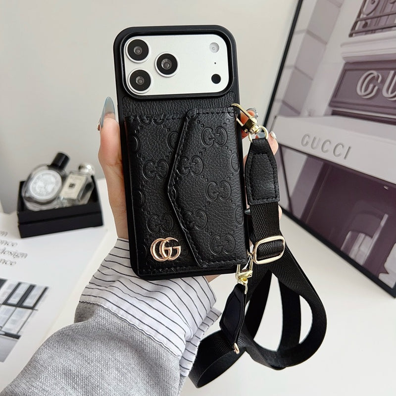 Luxury Plain Leather Crossbody Wallet Case For iPhone 12-17