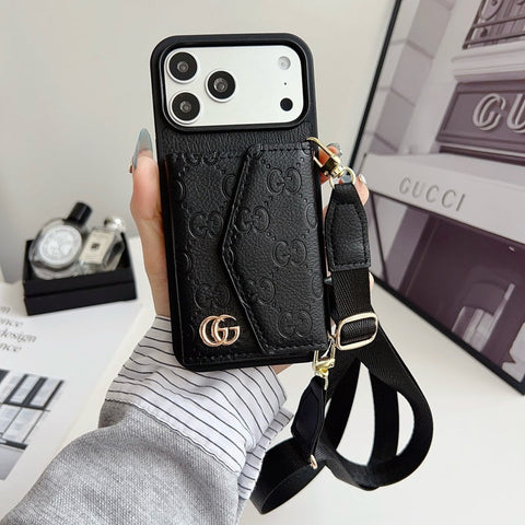Luxury Plain Leather Crossbody Wallet Case For iPhone 12-17