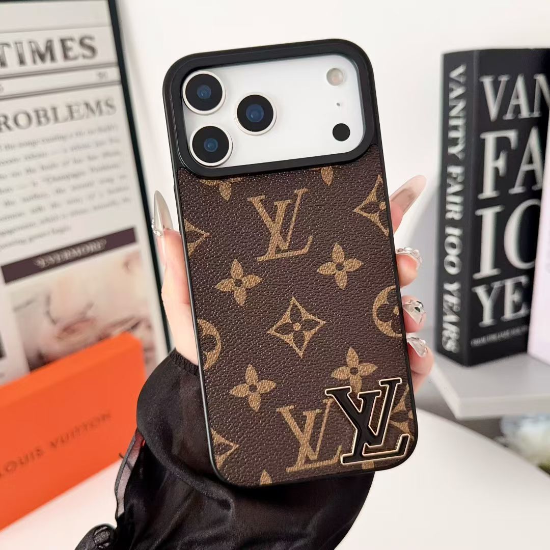 Luxury Brand Leather with Black Logo Phone Case for iPhone 13-17