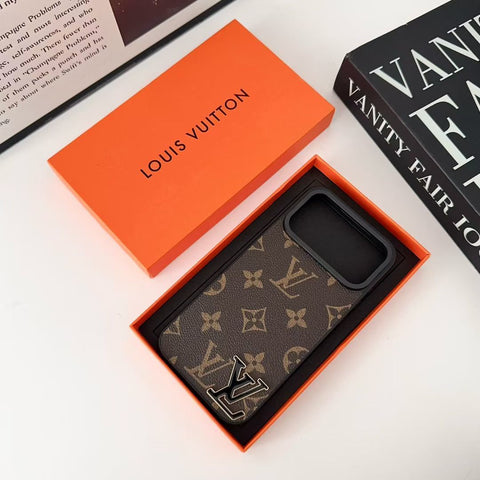 Luxury Brand Leather with Black Logo Phone Case for iPhone Duo/18-13