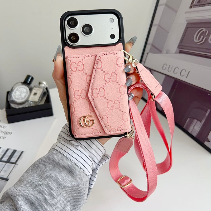 Luxury Plain Leather Crossbody Wallet Case For iPhone 12-17