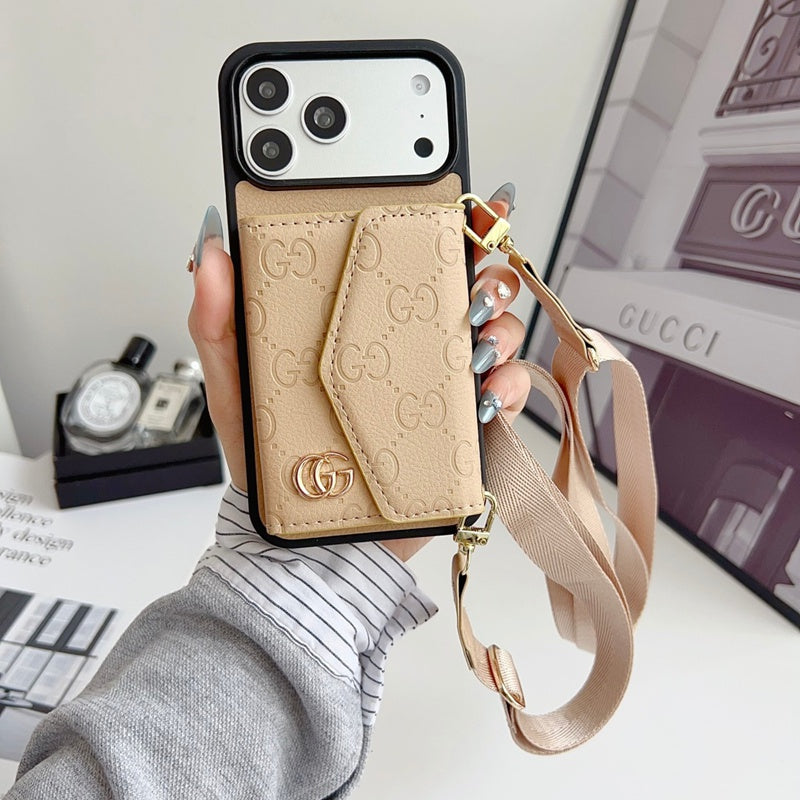 Luxury Plain Leather Crossbody Wallet Case For iPhone 12-17