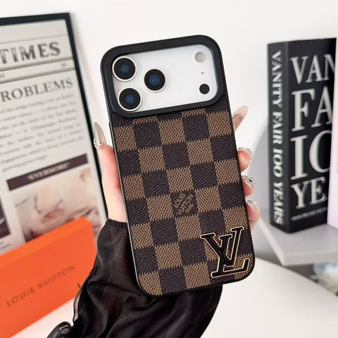 Luxury Brand Leather with Black Logo Phone Case for iPhone Duo/18-13