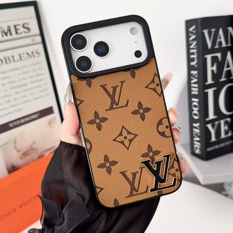 Luxury Brand Leather with Black Logo Phone Case for iPhone Duo/18-13