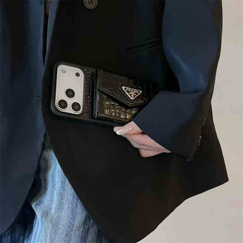 Elegant Prada Apple Phone Case with Card Holder For iPhone 12-17