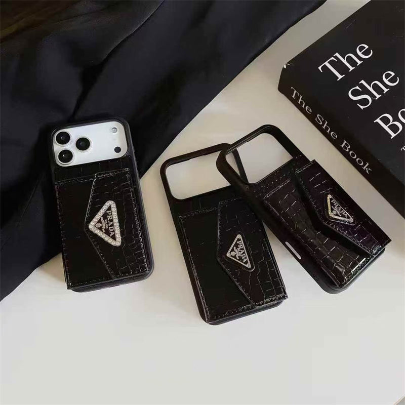 Elegant Prada Apple Phone Case with Card Holder For iPhone 12-17