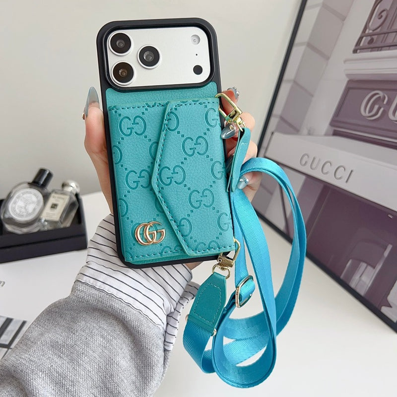 Luxury Plain Leather Crossbody Wallet Case For iPhone 12-17
