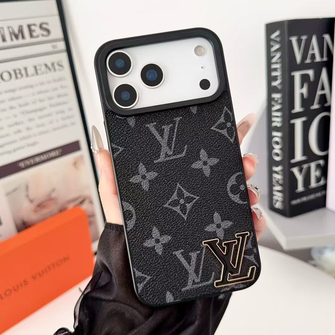 Luxury Brand Leather with Black Logo Phone Case for iPhone 13-17