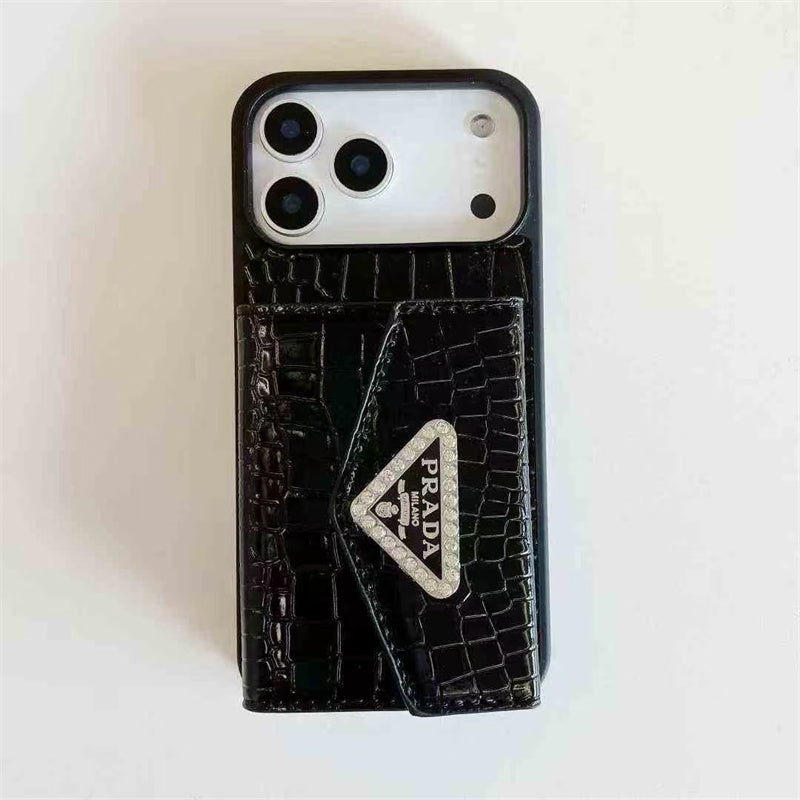 Elegant Prada Apple Phone Case with Card Holder For iPhone 12-17