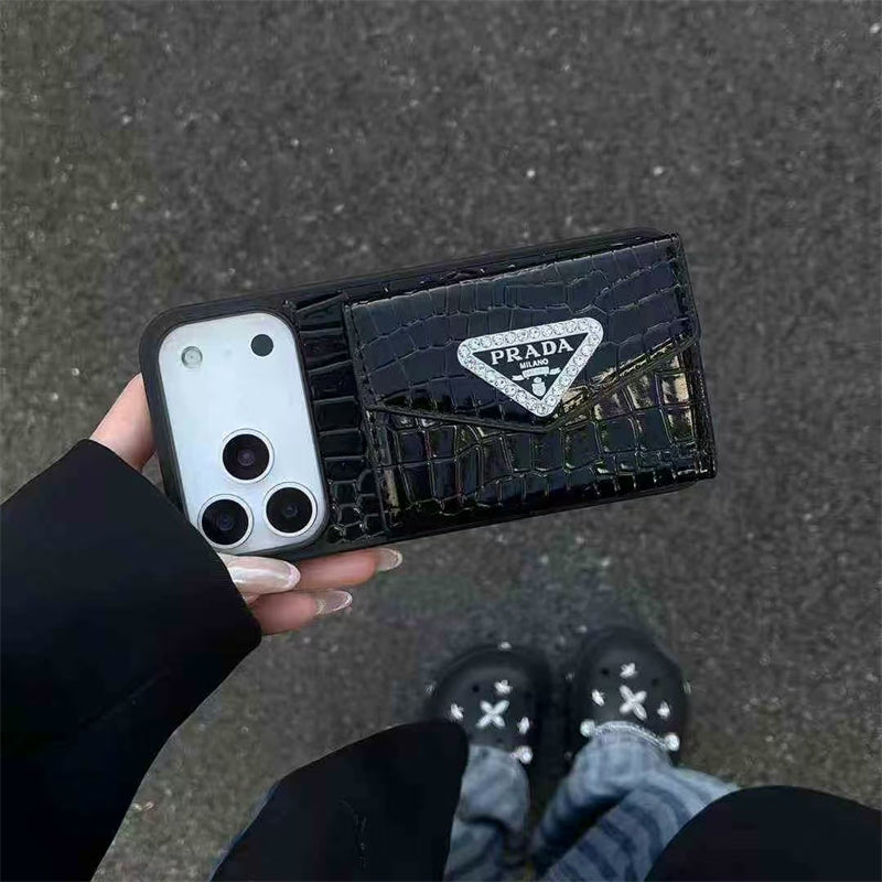Elegant Prada Apple Phone Case with Card Holder For iPhone 12-17
