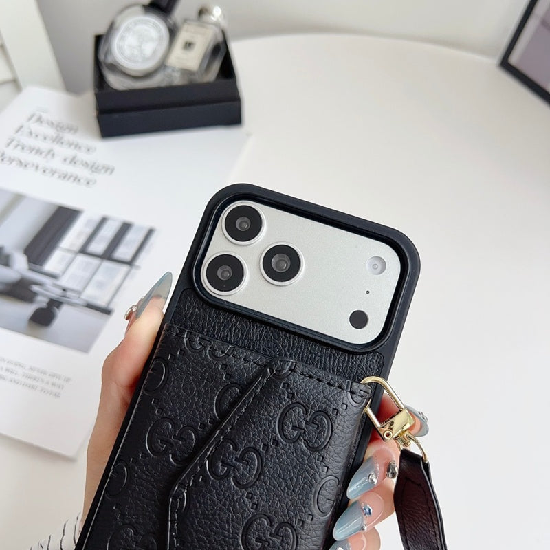 Luxury Plain Leather Crossbody Wallet Case For iPhone 12-17