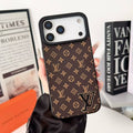 Luxury Brand Leather with Black Logo Phone Case for iPhone 13-17