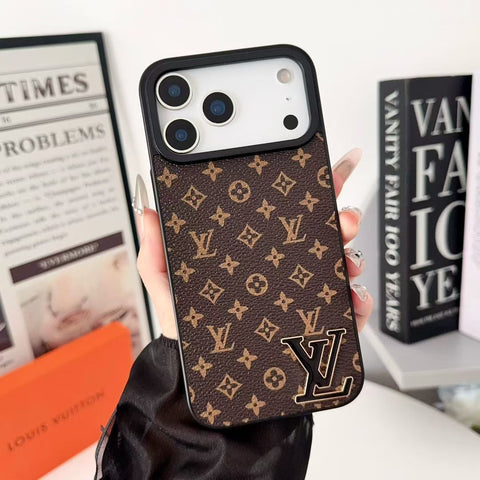 Luxury Brand Leather with Black Logo Phone Case for iPhone Duo/18-13