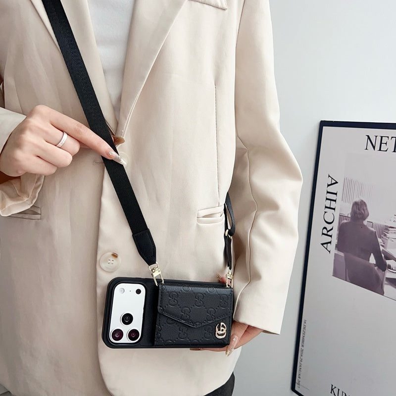 Luxury Plain Leather Crossbody Wallet Case For iPhone 12-17