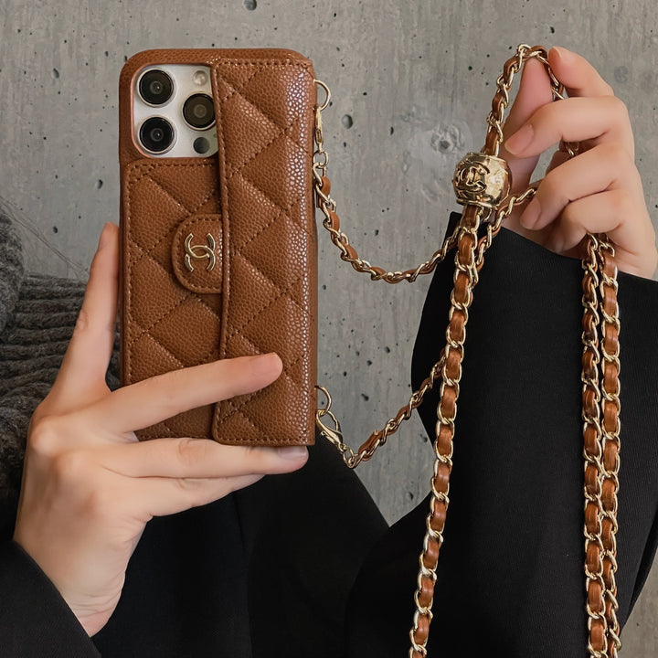 Premium Quilted Leather Crossbody Wallet Case for iPhone 12 - 17 Series