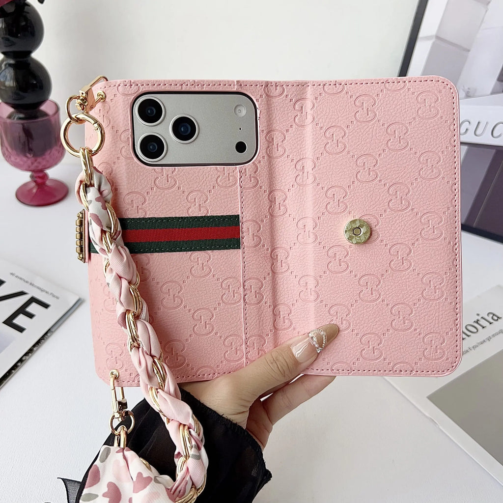 Luxury brand Plain Leather Crossbody Wallet Case For iPhone 12-17