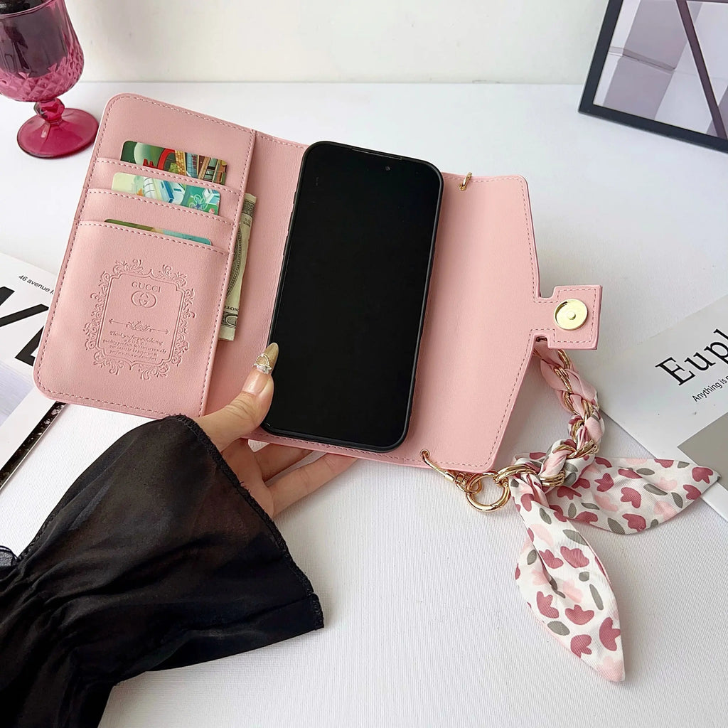 Luxury brand Plain Leather Crossbody Wallet Case For iPhone 12-17