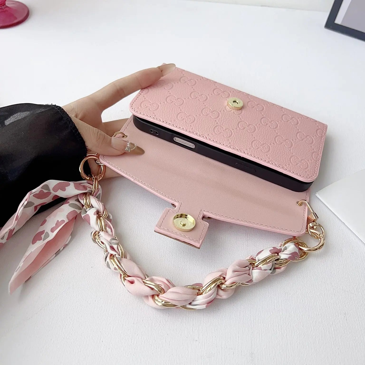 Luxury brand Plain Leather Crossbody Wallet Case For iPhone 12-17