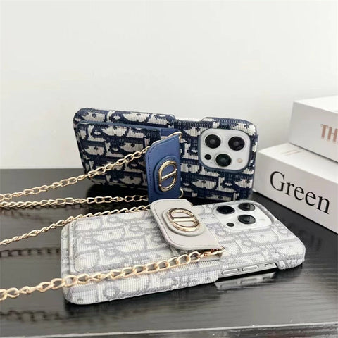 Dior Luxury iPhone Case with Chain, Card Slot, and Metal Logo