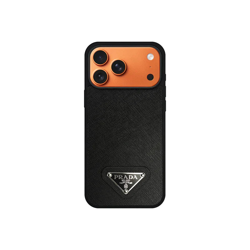 Premium Saffiano Leather Case with Metallic Badge for iPhone 12-17 Series