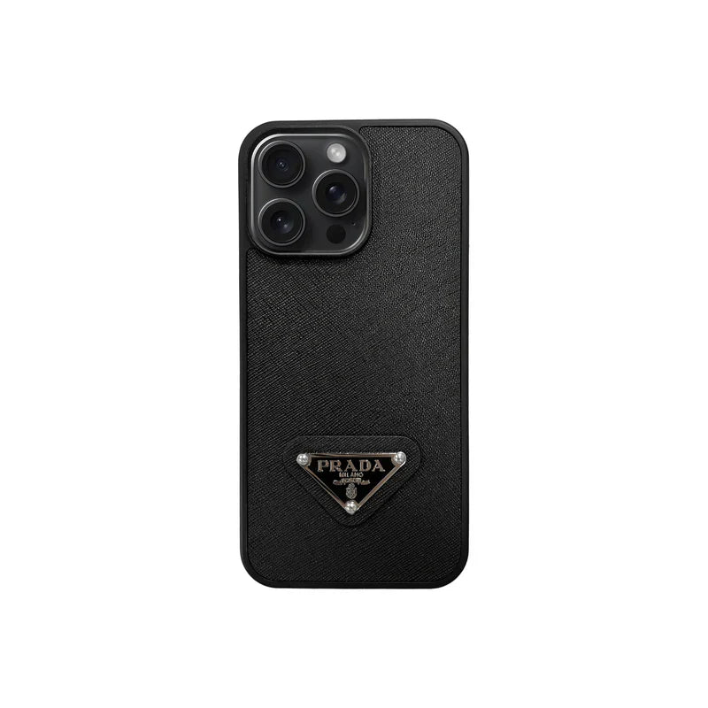 Premium Saffiano Leather Case with Metallic Badge for iPhone 12-17 Series