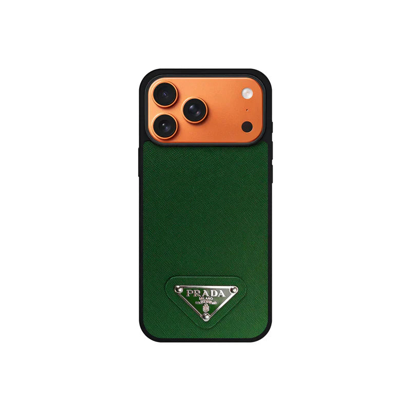 Premium Saffiano Leather Case with Metallic Badge for iPhone 12-17 Series