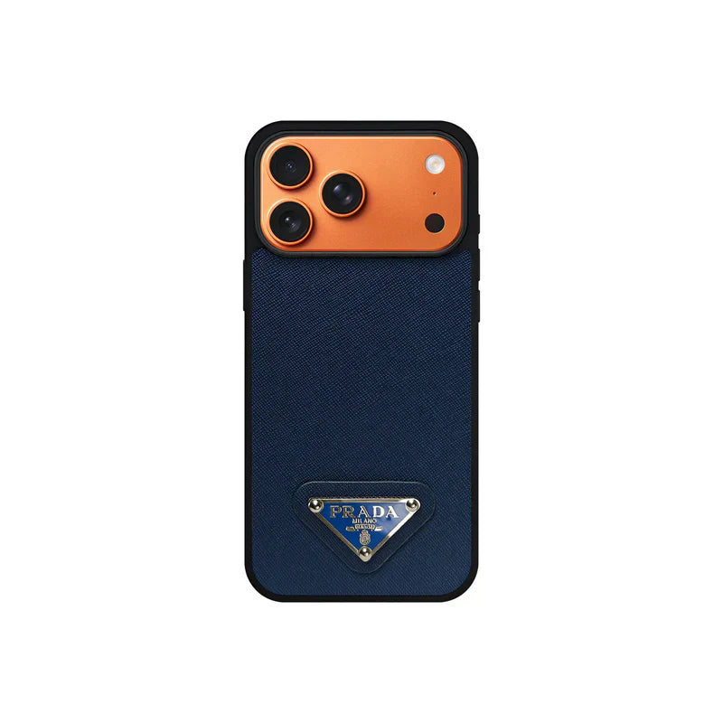 Premium Saffiano Leather Case with Metallic Badge for iPhone 12-17 Series