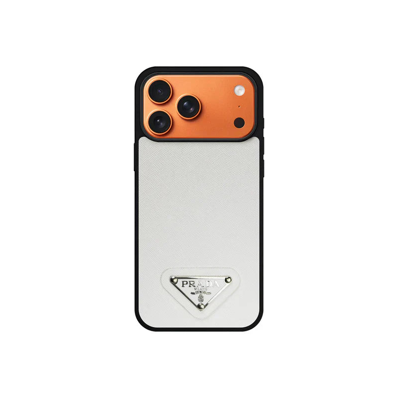 Premium Saffiano Leather Case with Metallic Badge for iPhone 12-17 Series