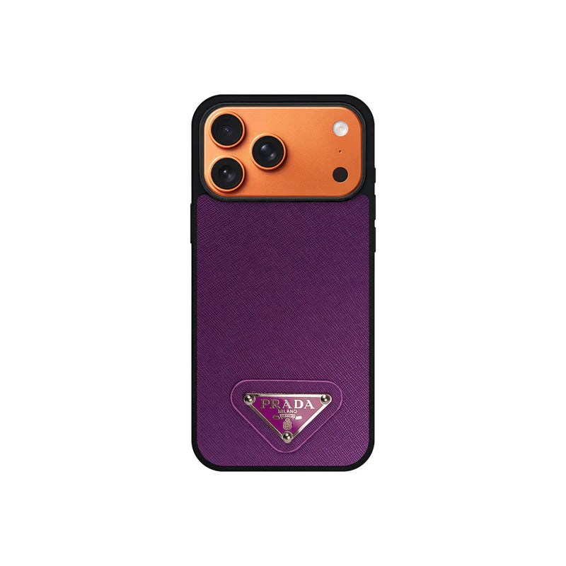 Premium Saffiano Leather Case with Metallic Badge for iPhone 12-17 Series