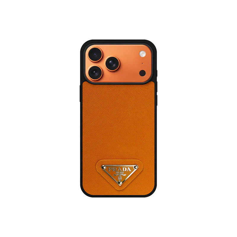 Premium Saffiano Leather Case with Metallic Badge for iPhone 12-17 Series