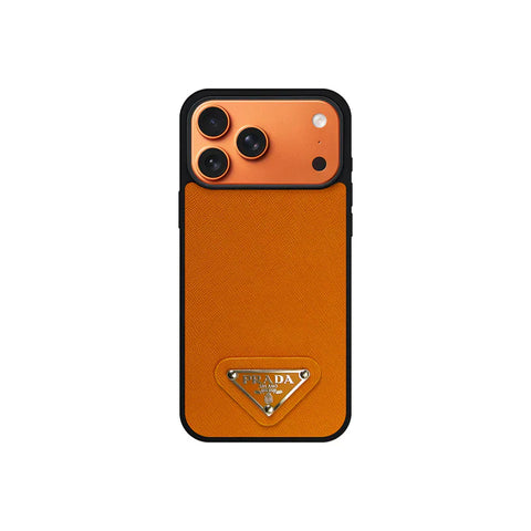 Premium Saffiano Leather Case with Metallic Badge for iPhone 12-17 Series