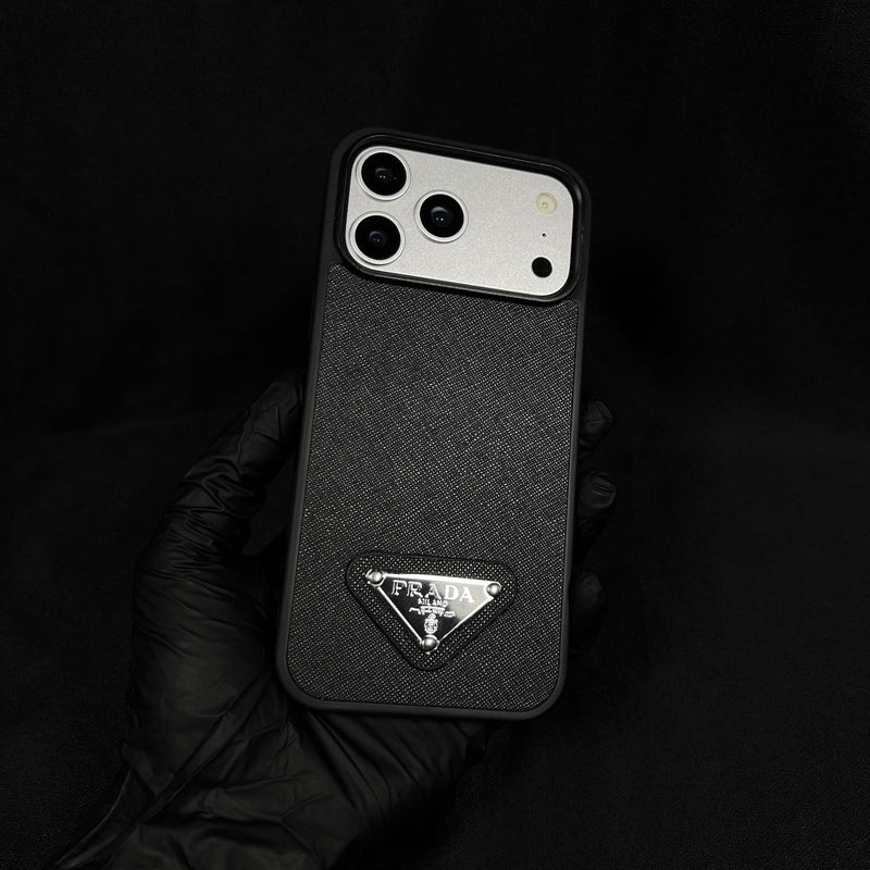 Premium Saffiano Leather Case with Metallic Badge for iPhone 12-17 Series