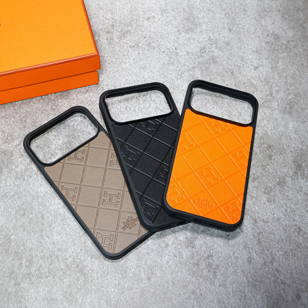 Stamped Leather H Phone Case  For iPhone 17 / 16 / 15 / 14