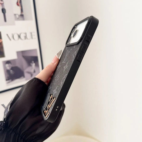 Luxury Brand Leather with Black Logo Phone Case for iPhone Duo/18-13