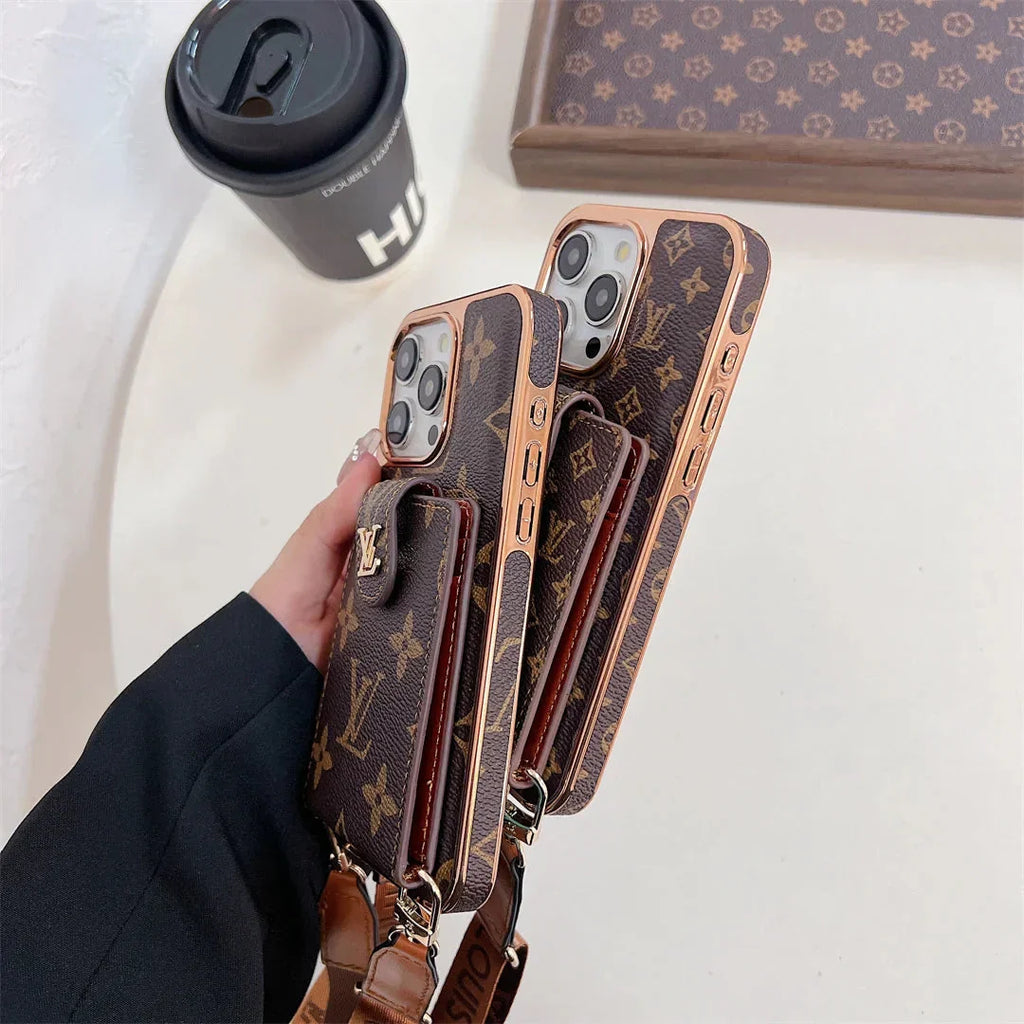 LUXURY ELECTROPLATING MONOGRAM CARD HOLDER CROSSBODY IPHONE CASE