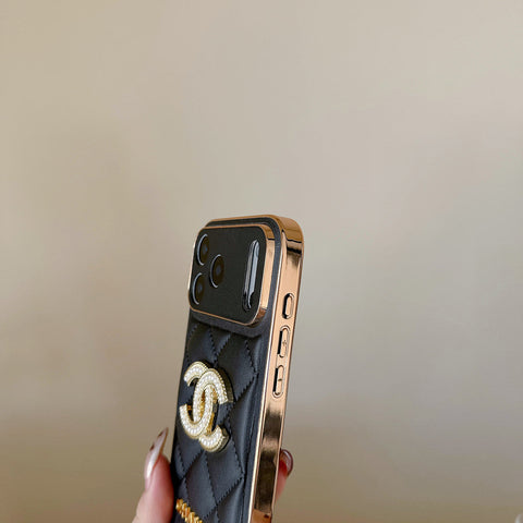 Leather Chanel Phone Case Diamond Logo with Gold Label For iPhone 17/ 16 /15 / 14